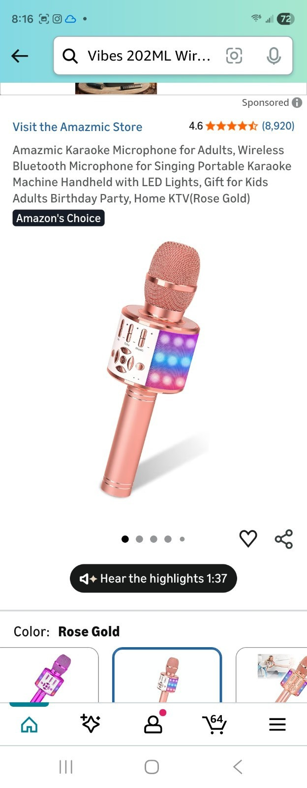 Amazmic 202ML Wireless Bluetooth Karaoke Microphone w/ LED Lights, Rose Gold
