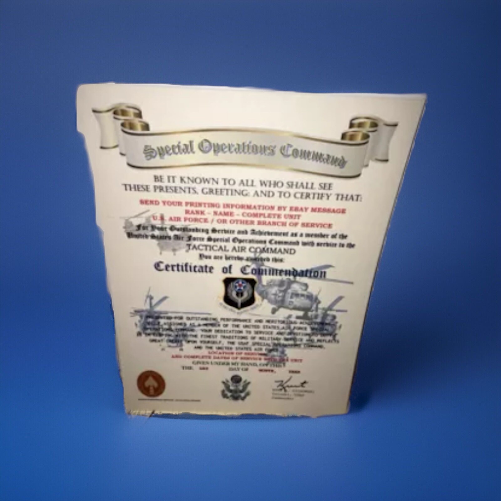 U.S. AIR FORCE / SPECIAL OPS- TACTICAL AIR COMMAND / CERTIFICATE OF COMMENDATION