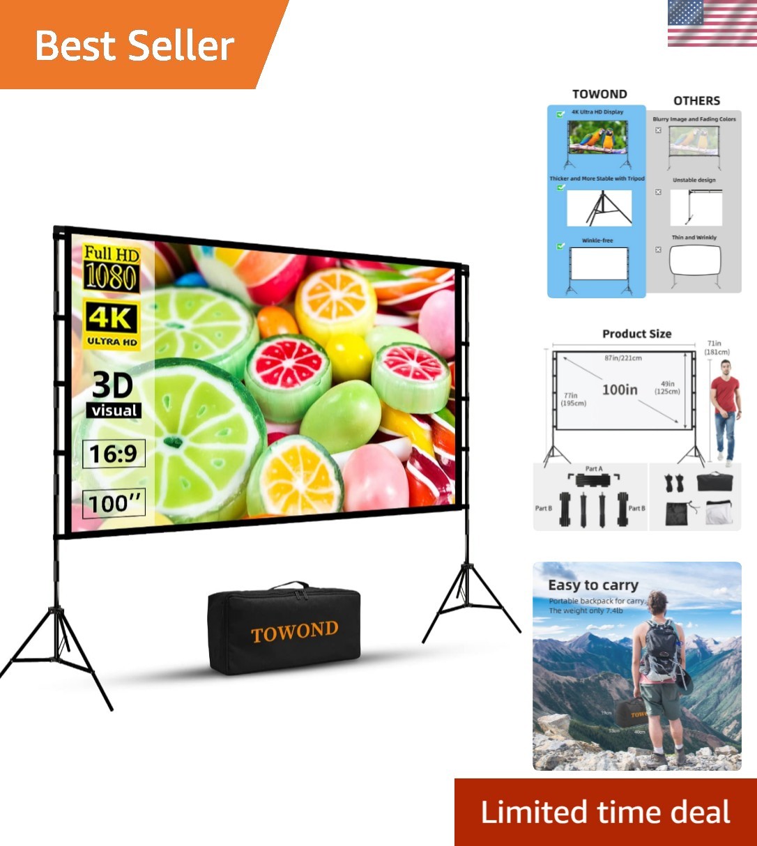 16:9 100 Inch Projector Screen - Lightweight, Wrinkle-Free for Outdoor Movies
