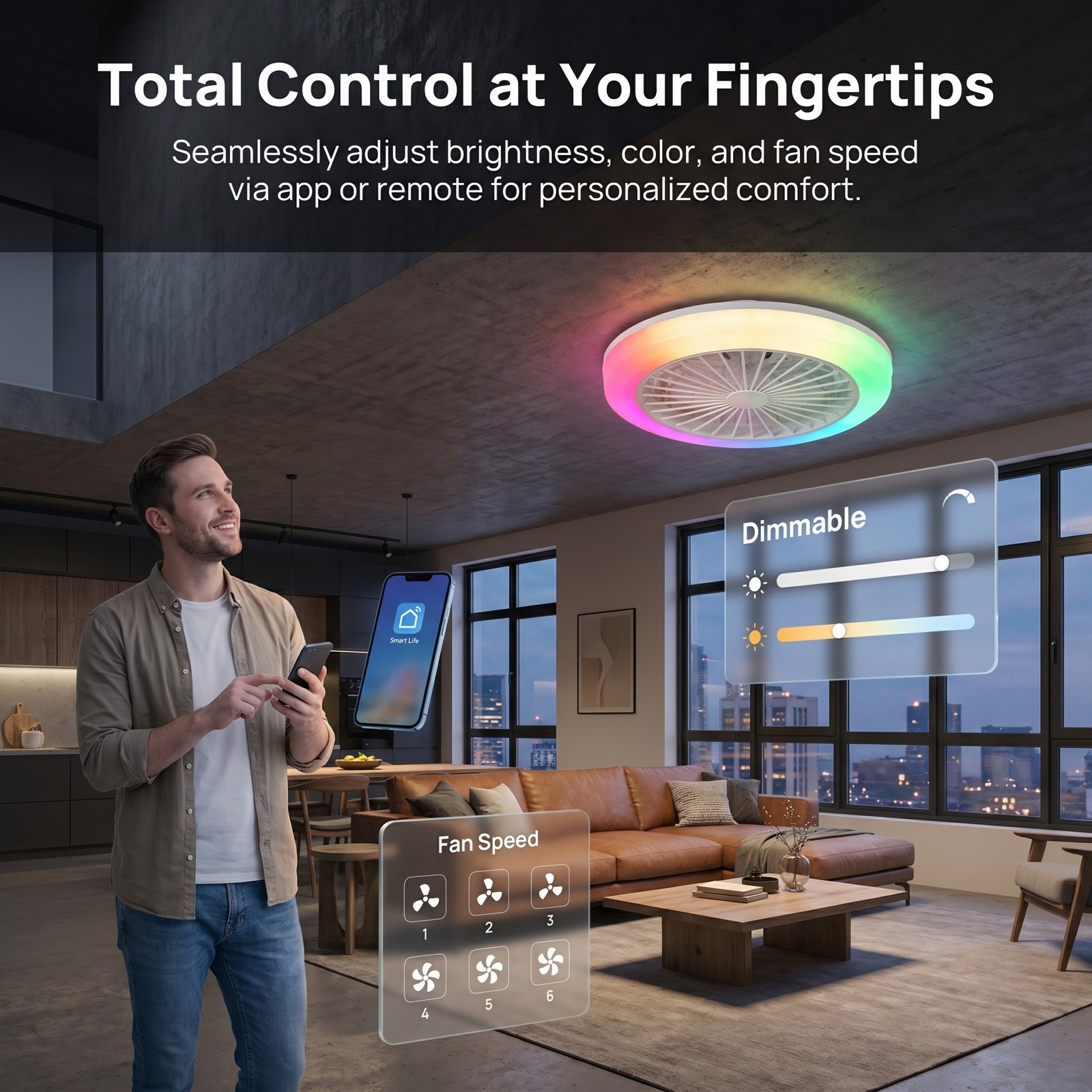 18 in Remote APP Control Smart RGB Ceiling Fan with Light White Flush Mount Kit