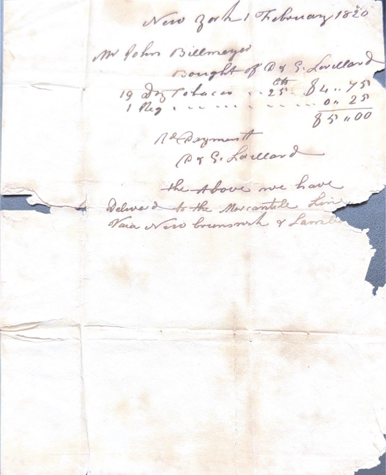 1820 P. & G. LORILLARD TOBACCO SIGNED MANUSCRIPT LETTER (TOBACCO KING)
