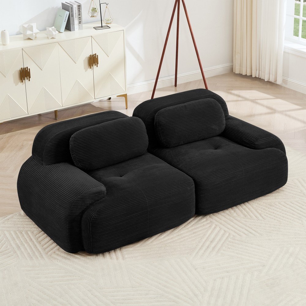 Corduroy Modular Loveseat, 2-Seat Sofa with Curved Arms & Non-Slip Base, Black