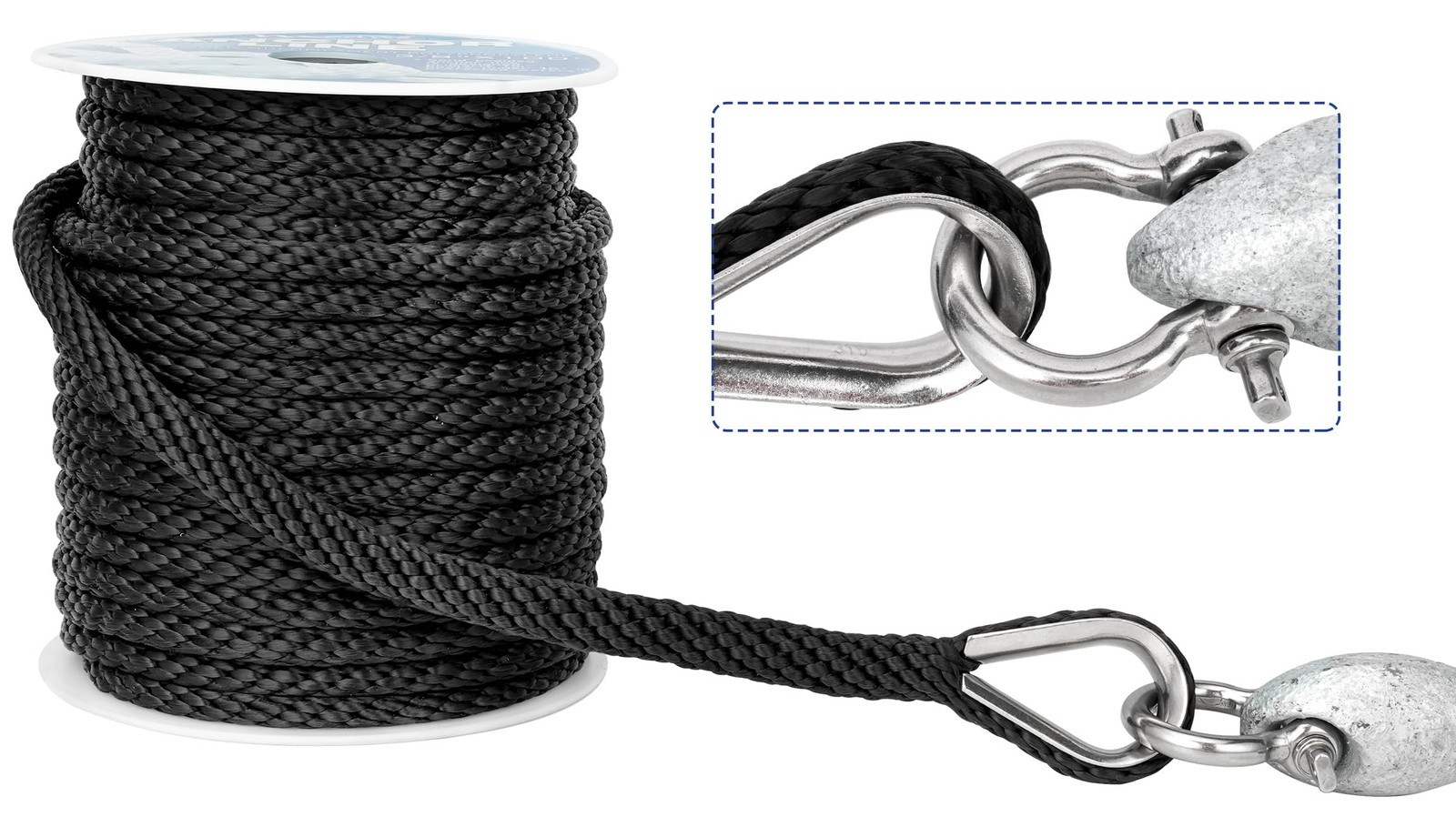 3/8" Premium Braided Anchor Rope 50FT with Thimble & Shackle - Black