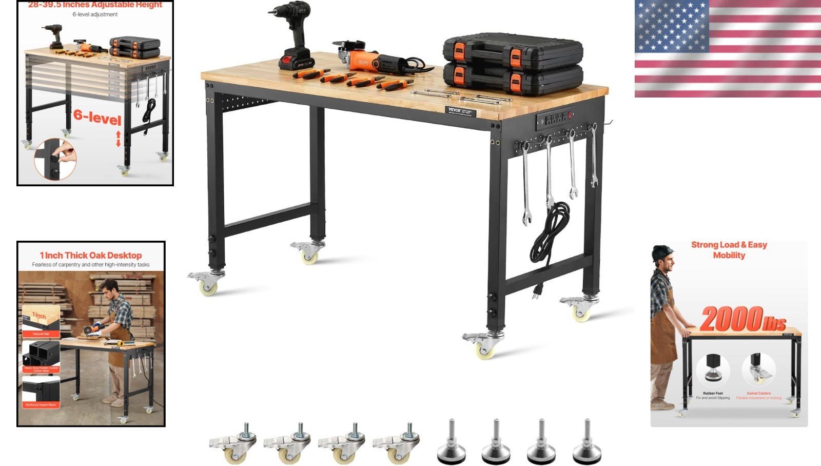 Adjustable Oak Workbench, 2000lb Load, Power Outlet, Wheels