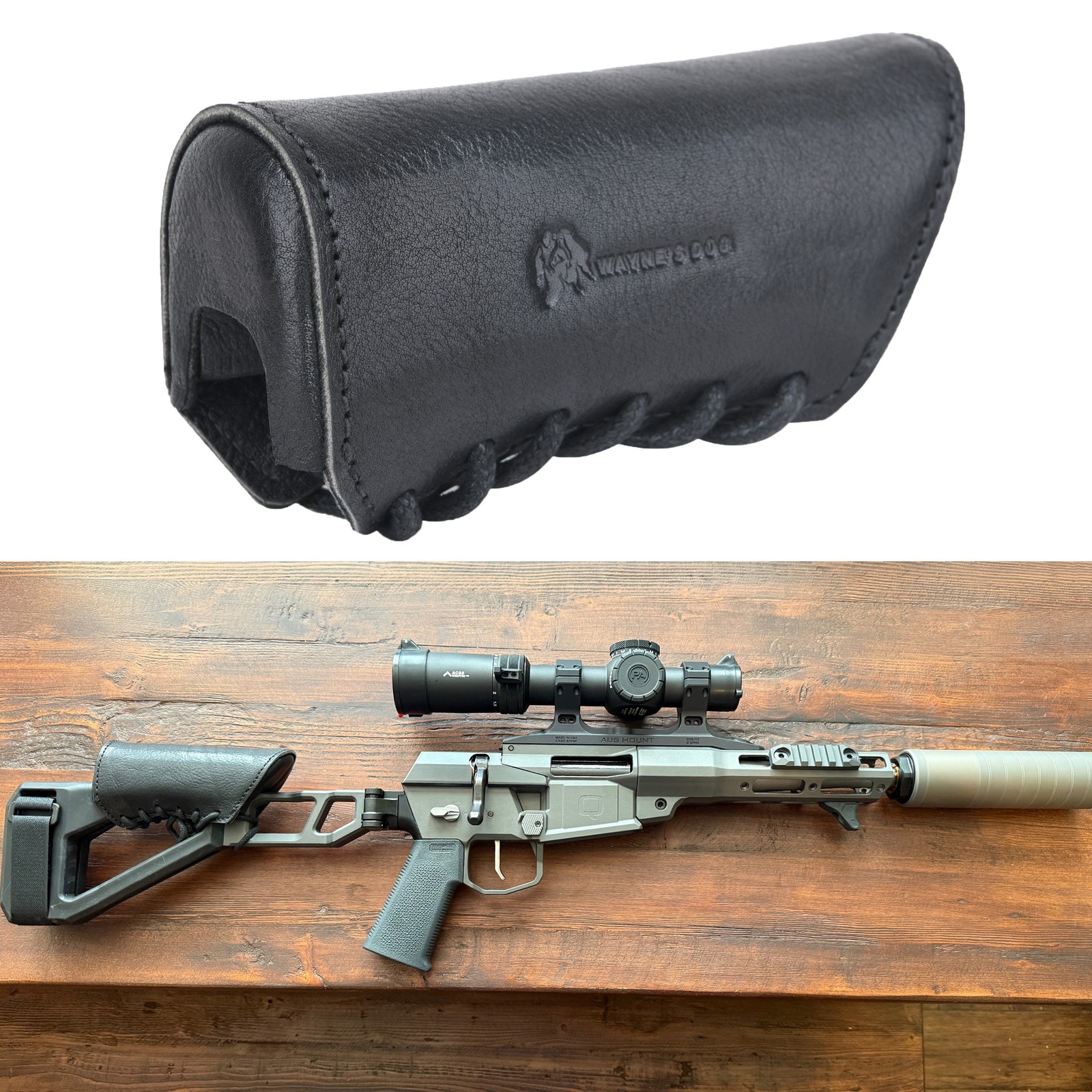 Black Leather Q Pistol Brace Cheek Riser Provides A 1 1/8" Higher Cheek Weld