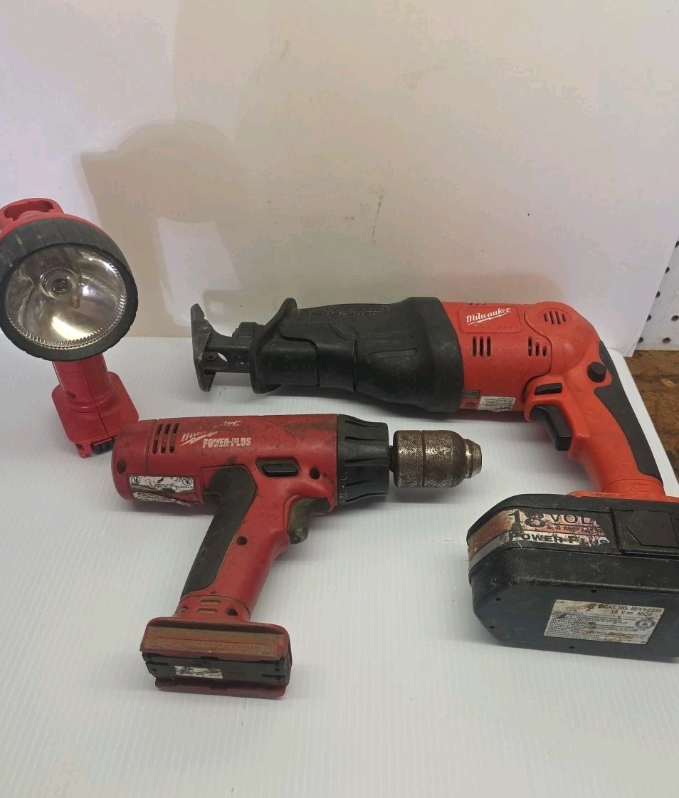 Milwaukee Tool Lot – Sawzall, Drill, Flashlight – Well Used – Battery Condition