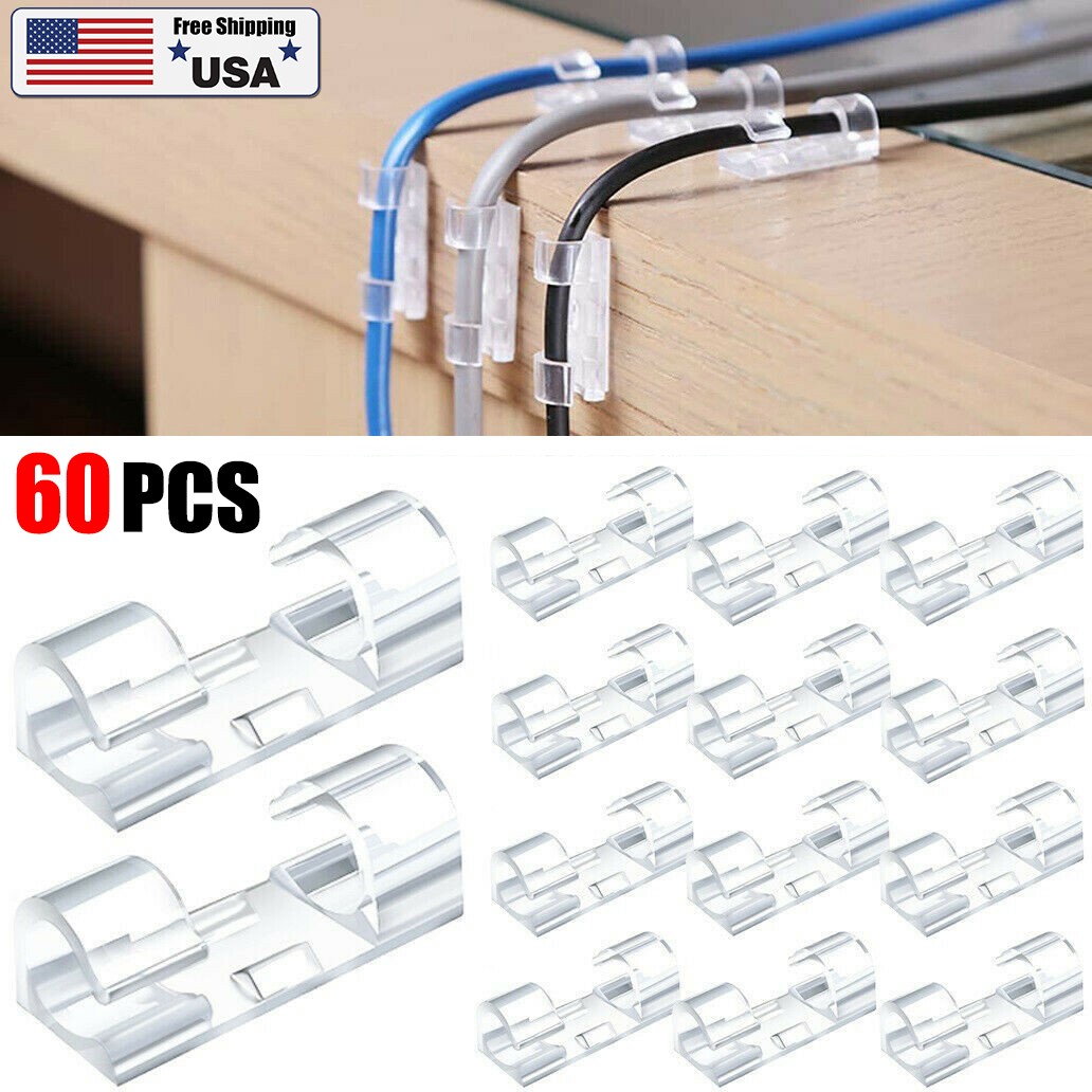 60x Self Adhesive Cable Management Clips,Organizers Sticky Wire Clips Cord Holde