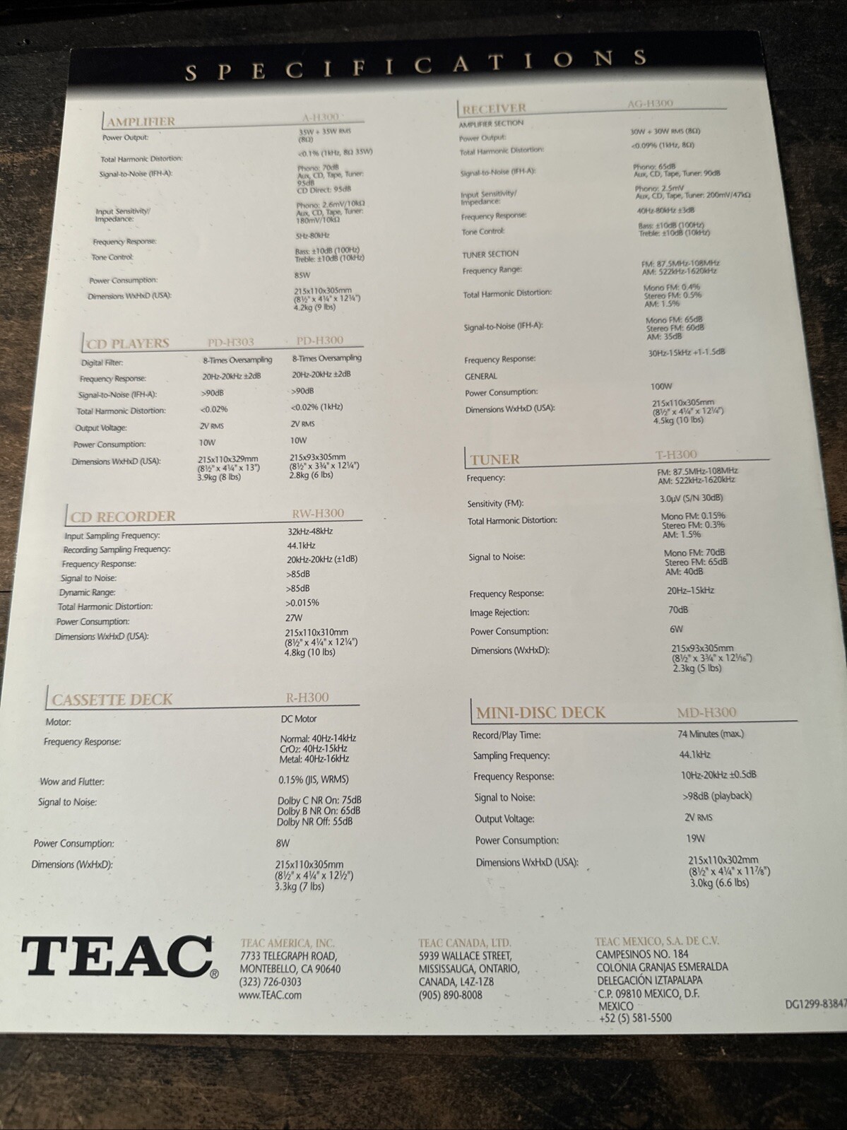 Teac Reference 300 Series Dealer Brochure Specification Sheet ￼