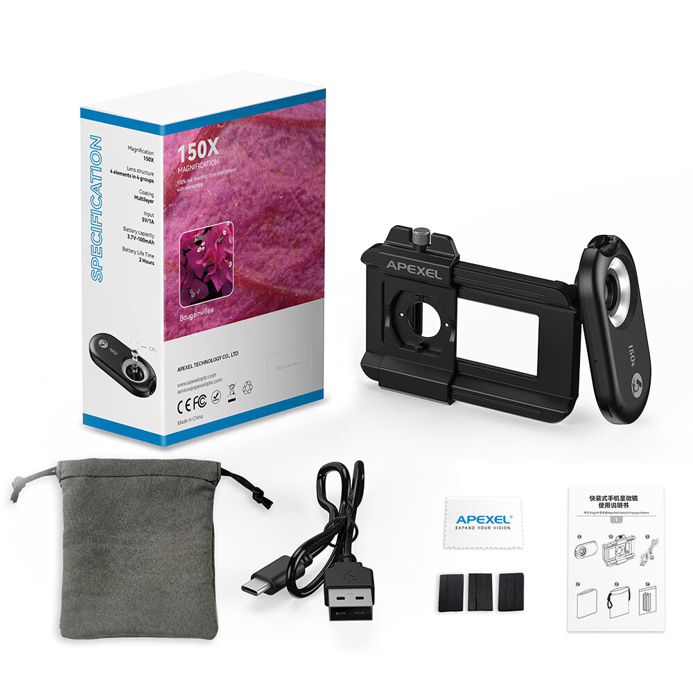 APEXEL 150X Microscope Digital Smartphone Macro Micro Lenses Built-in LED light