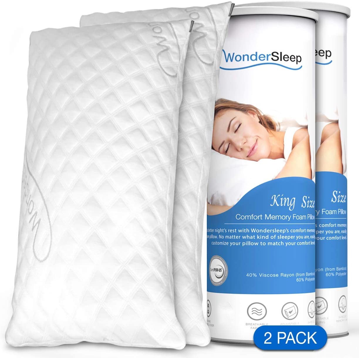 WonderSleep 2 Pack Memory Foam Bed Pillows for Home - King size