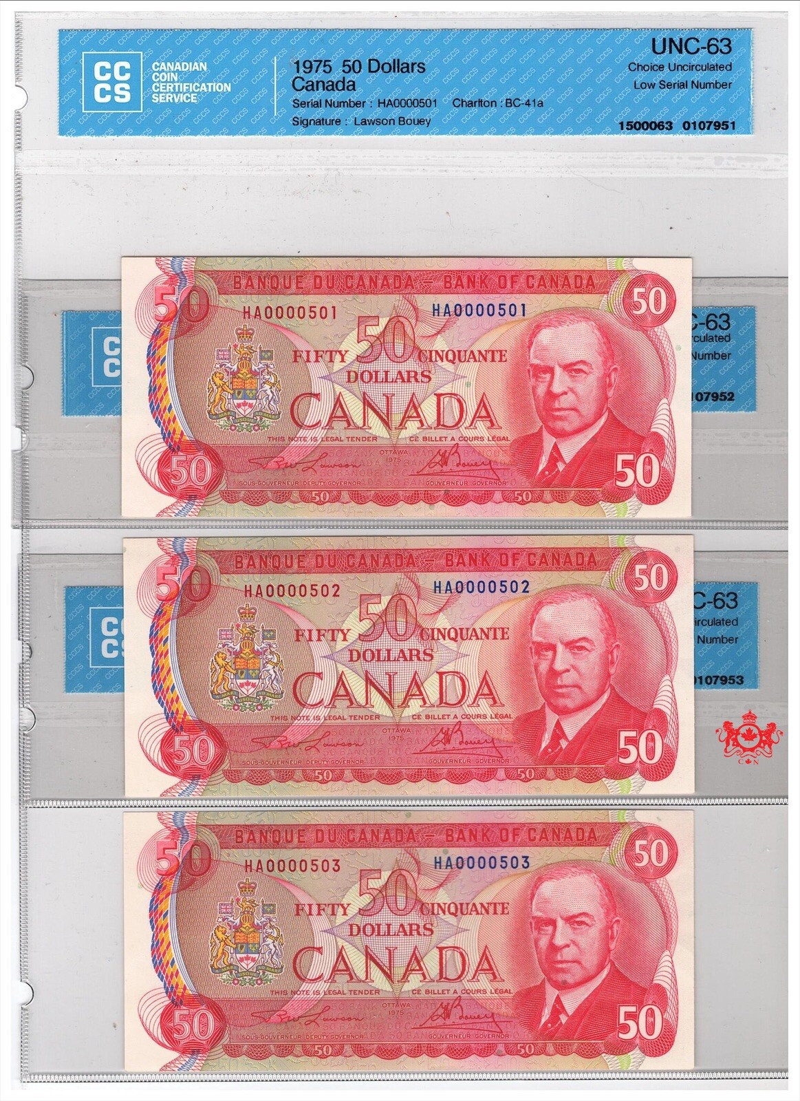 1975 Bank Of Canada 50$ Low Serial Number Consecutive Serie - CCCS UNC63 -