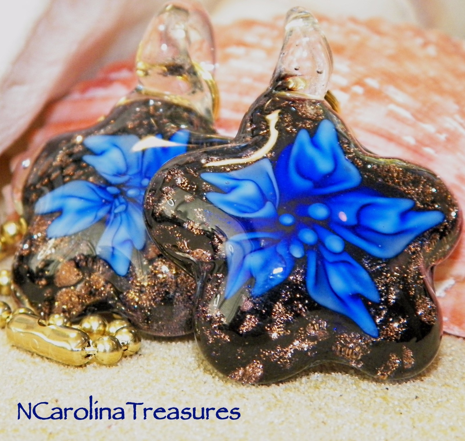 GLASS CEILING FAN CHAIN SWITCH PULL BLACK GLITTER BLUE FLORAL STAR LARGE PAIR