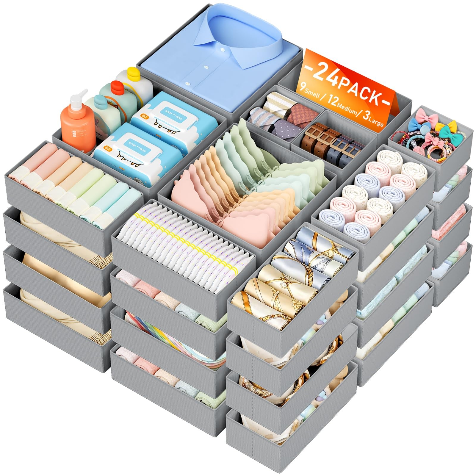 DIMJ Drawer Organizer Clothes, 24 Pack Dresser Organizer, Foldable Closet Org...
