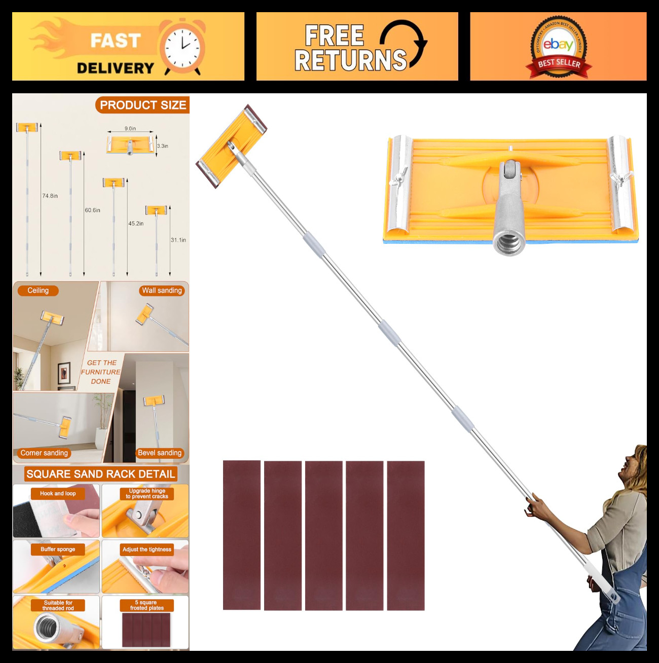 Drywall Pole Sander Tool for Painting Prep & Ceiling, Extendable 31"-74", 5 Sand