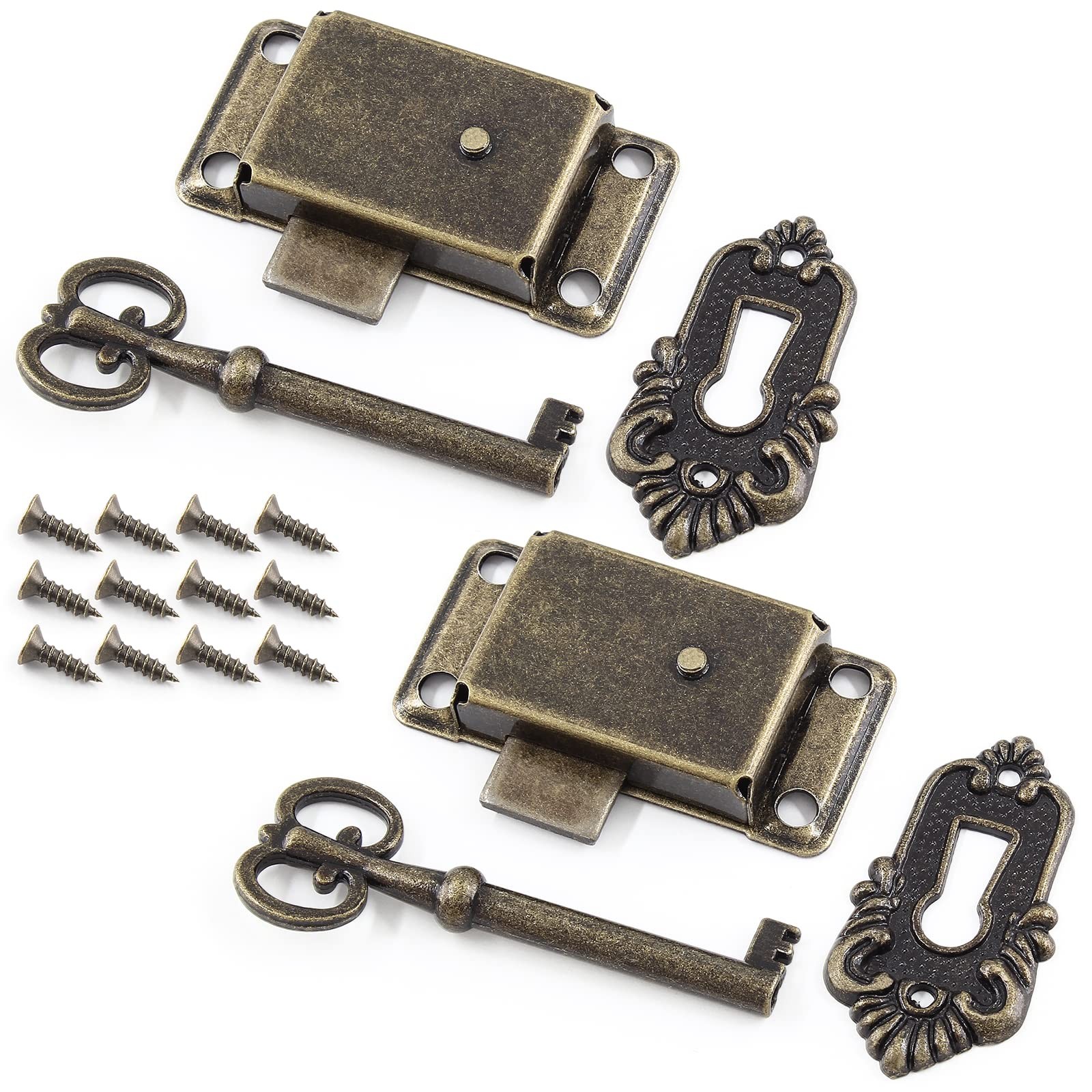 2 Sets Skeleton Key Lock Decorative Antique Bronze Cabinet Vintage Lock with ...