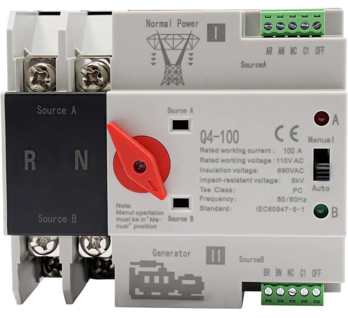 Automatic Transfer Switch 2P 100A 110V Grid to AC Generator Dual Power Control