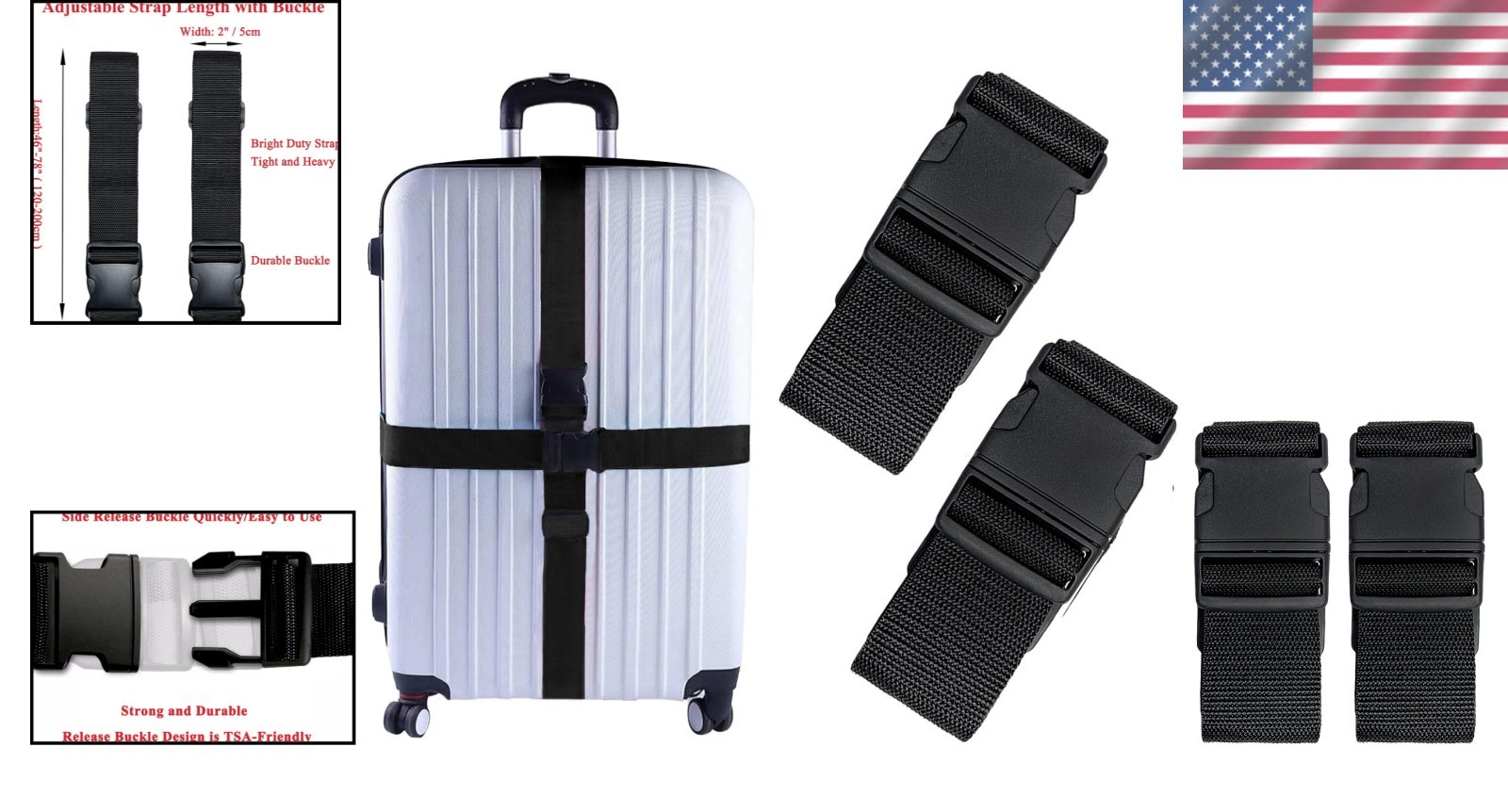 Adjustable 2-Pack Travel Suitcase Straps with Quick Release Buckle - Black