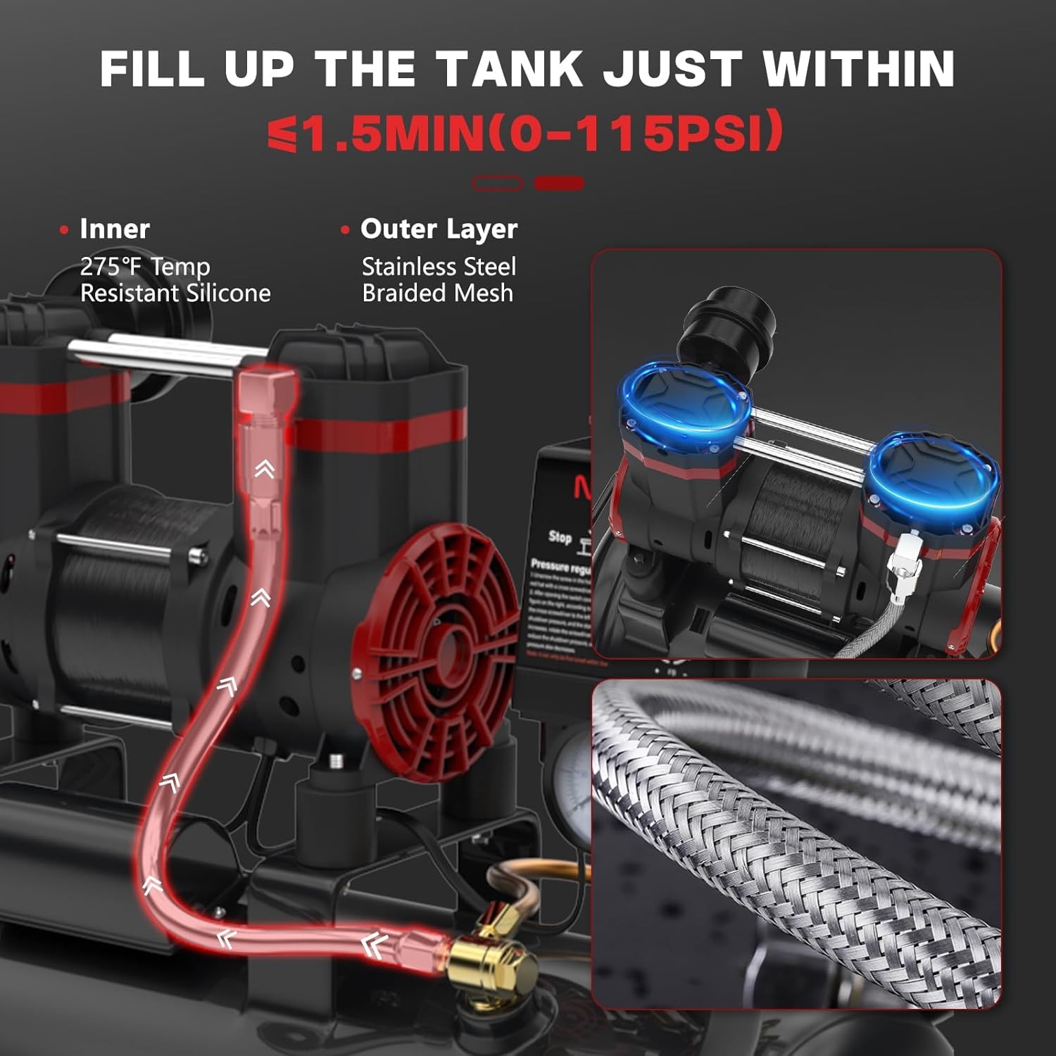 Oil Free Air Compressor 8 Gallon 115 PSI Quiet 70dB