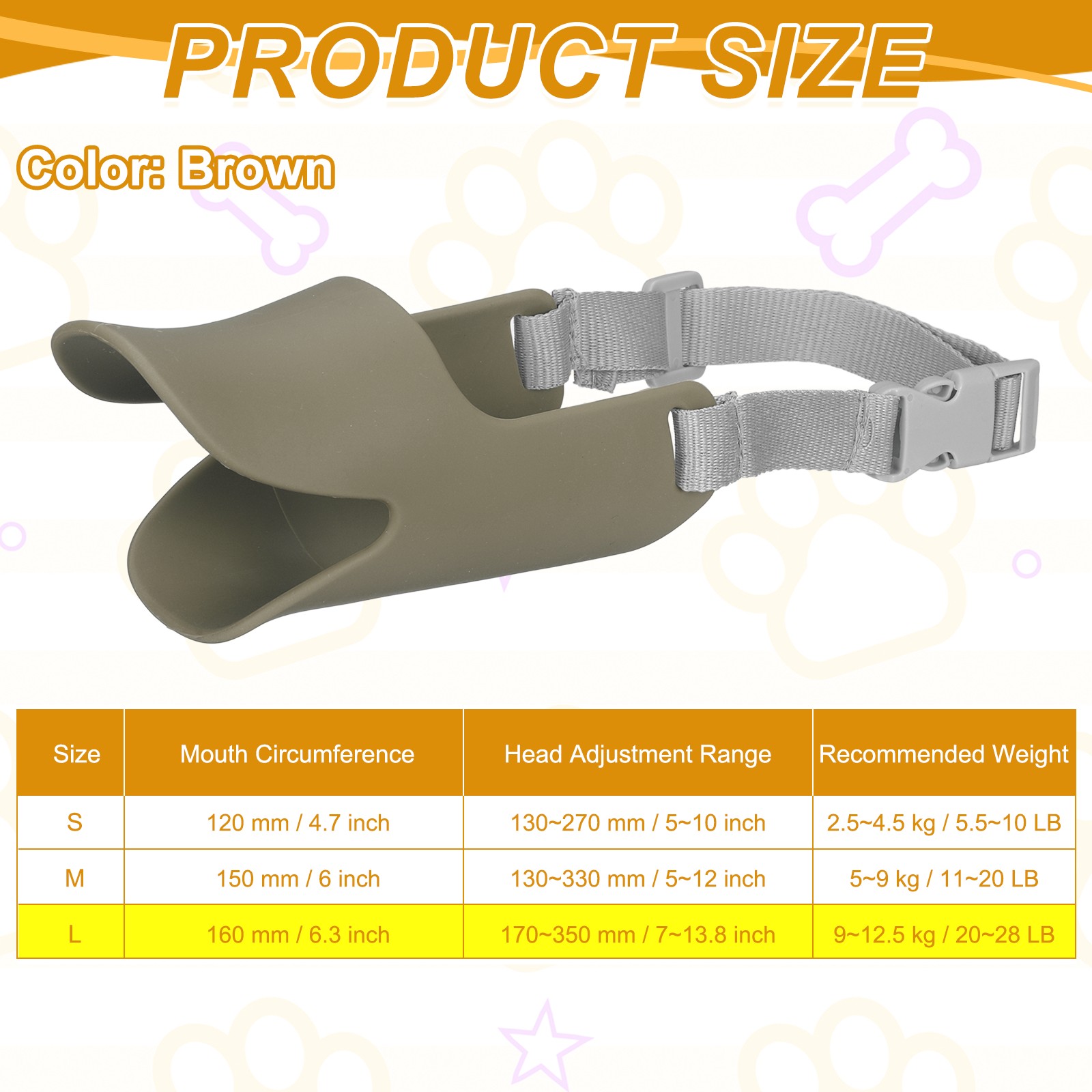 Silicone Dog Muzzle, Soft Silicone Mouth Cover with Adjustable Strap (Brown, L)