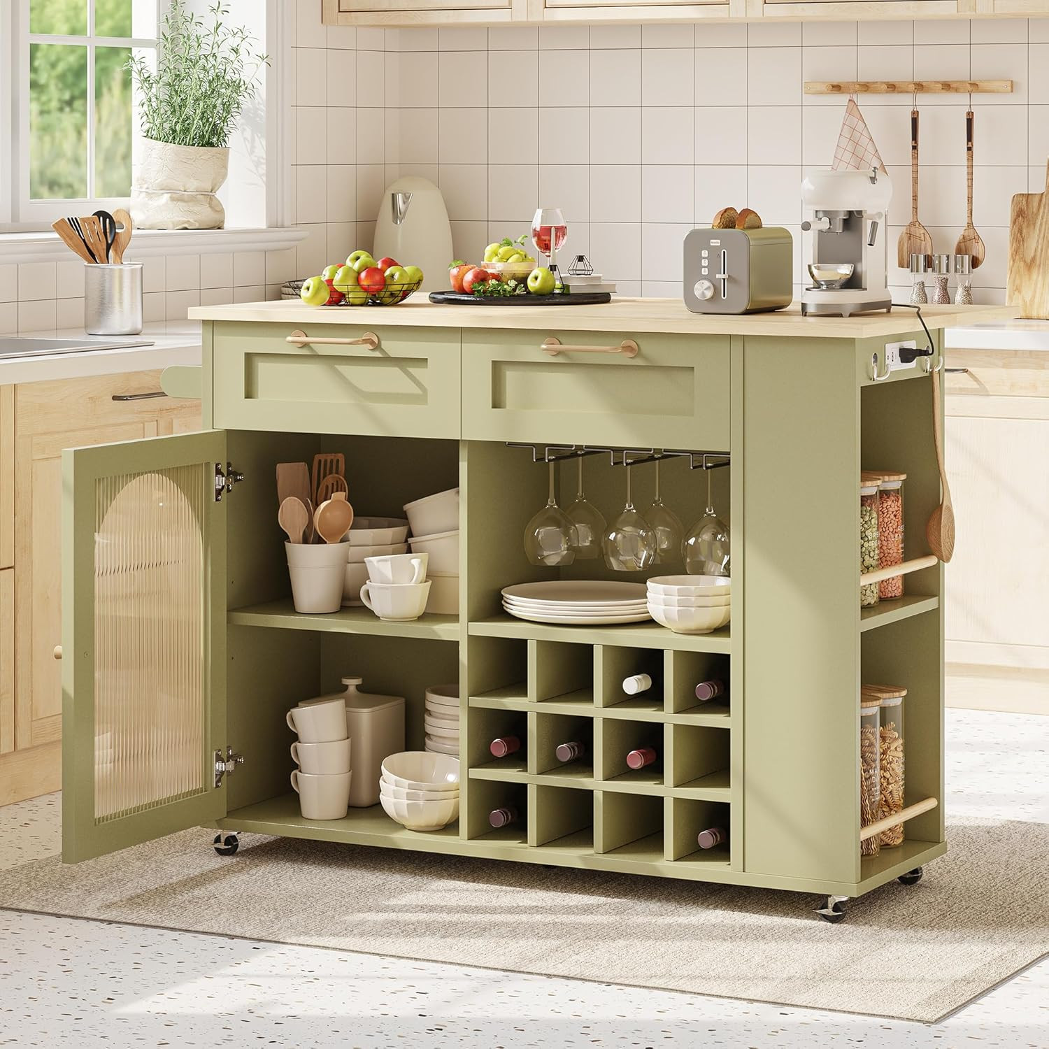 Green Rolling Kitchen Island with Power Outlet, Storage & Wine Racks