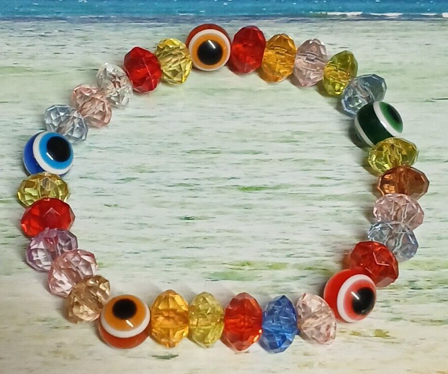 Handcrafted Faceted Glass Lampwork and Evil Eye Multi Color Stretch Bracelet