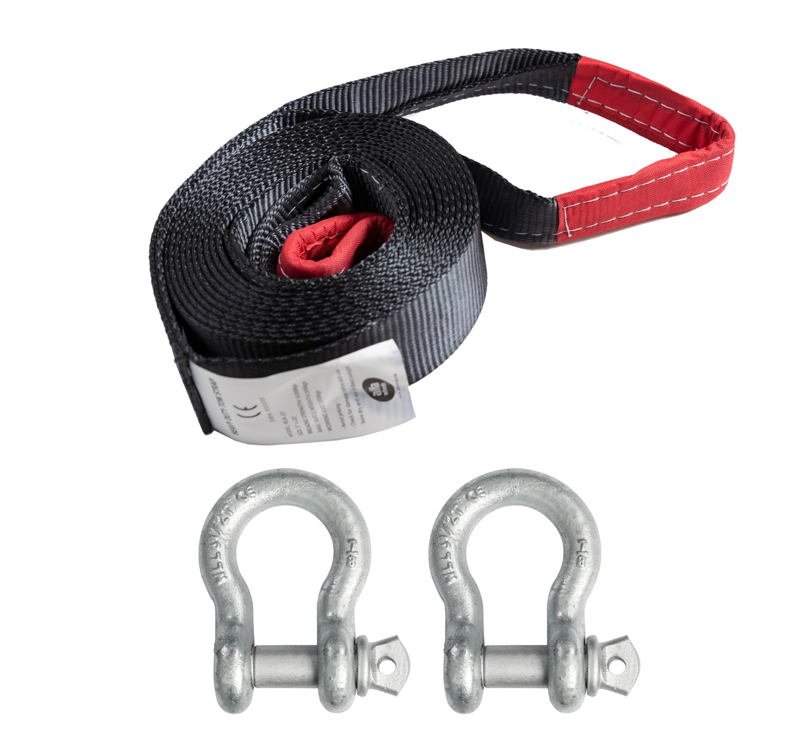 Tow Strap 20ft Snow Rescue 3x20 3" 20000 lbs 9Ton w 2x 7/8 Bow Shackles