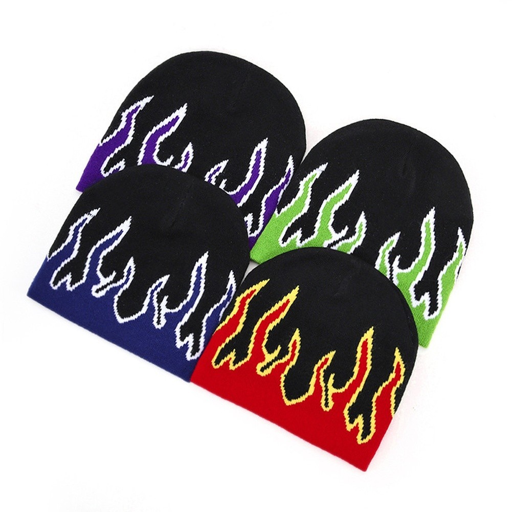 Men's Breathable Knit Beanie Winter Dome Cap Flame Pattern Warm Elastic Fit Hat