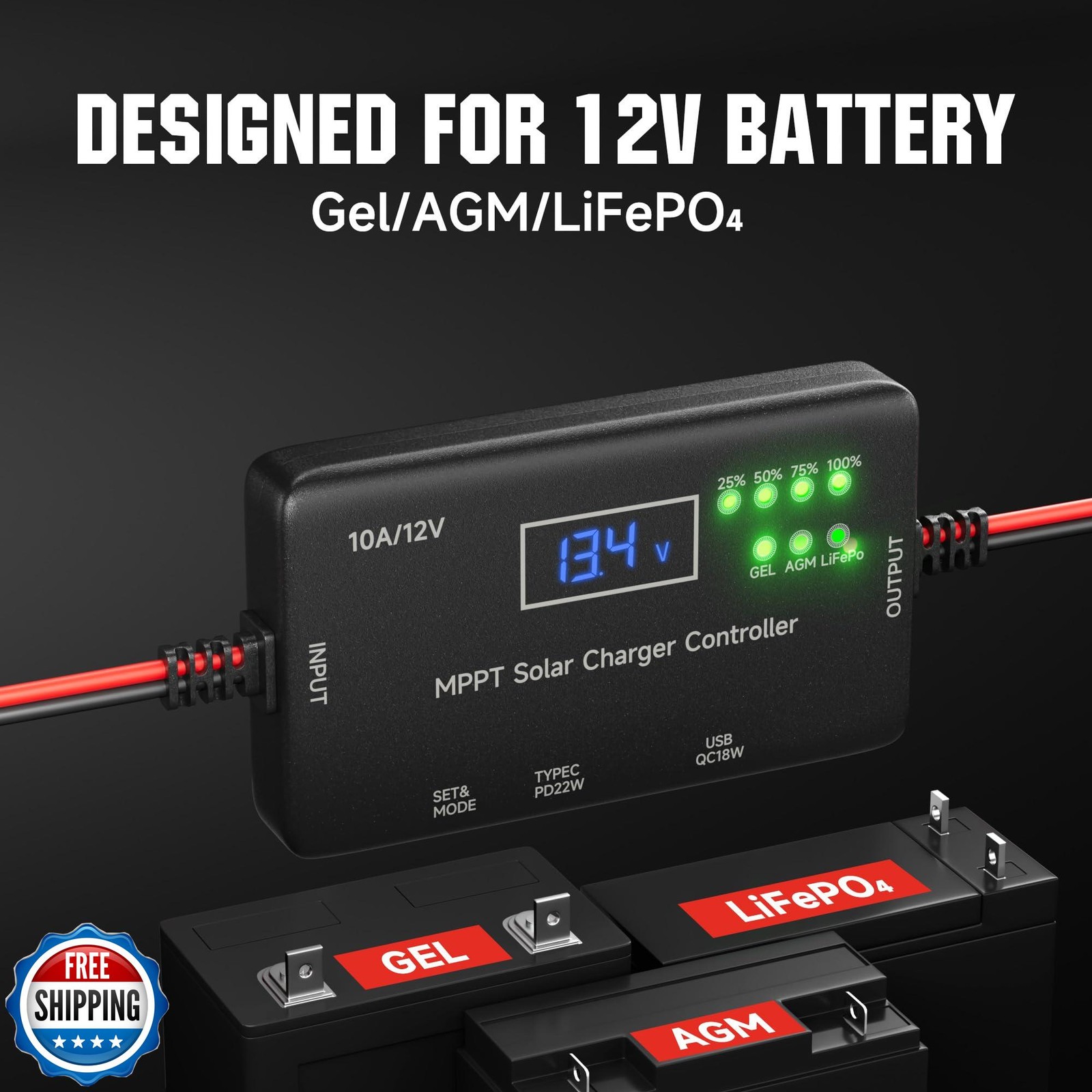 MPPT Solar Charge Controller 12V 10A, Solar Panel Charge Controller with Type