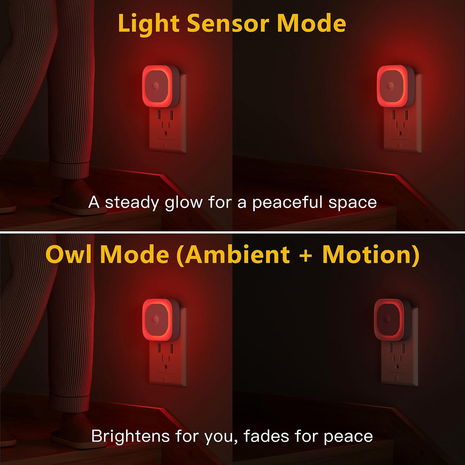 2 Pack Plug in Red Night Light with Motion Sensor and Light Sensor | 3 Modes, Di
