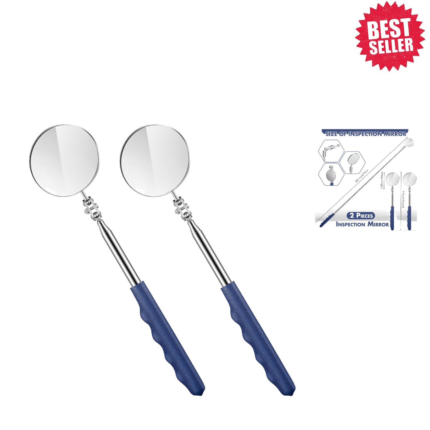 2-Pc Telescoping Inspection Mirrors with Adjustable Length for Mechanics
