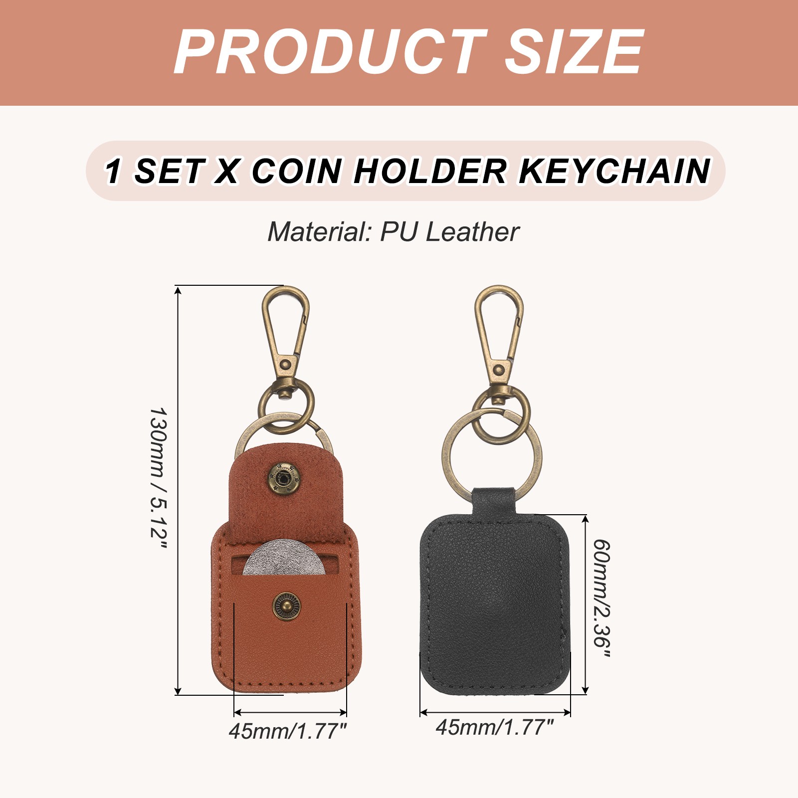 2 Pack Quarter Leather Keychain PU Leather Key Ring Coin Case Black Brown