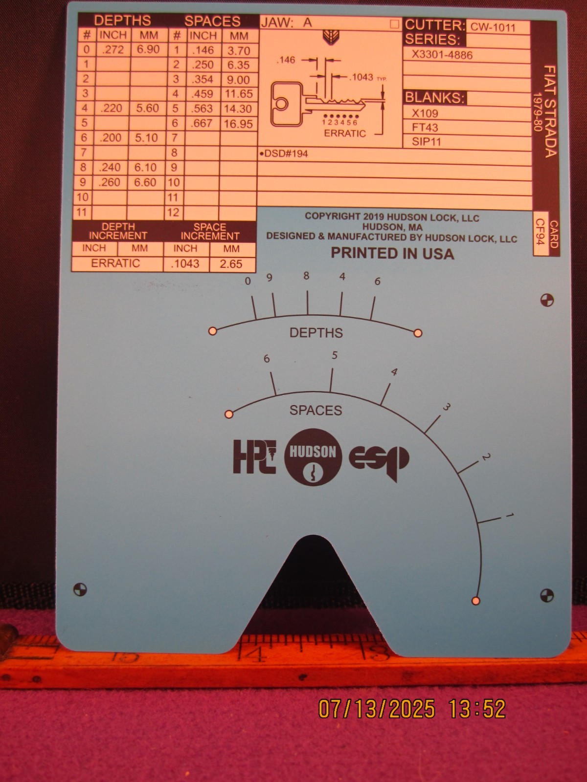HPC 1200 BLITZ KEY CODE CARD CF 94  ( FIAT STRADA 79 THRU 80 ) BRAND NEW
