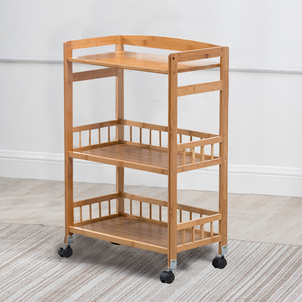 Kitchen Mobile Rolling Serving Cart Storage 3 Tiers Standing Wood Color