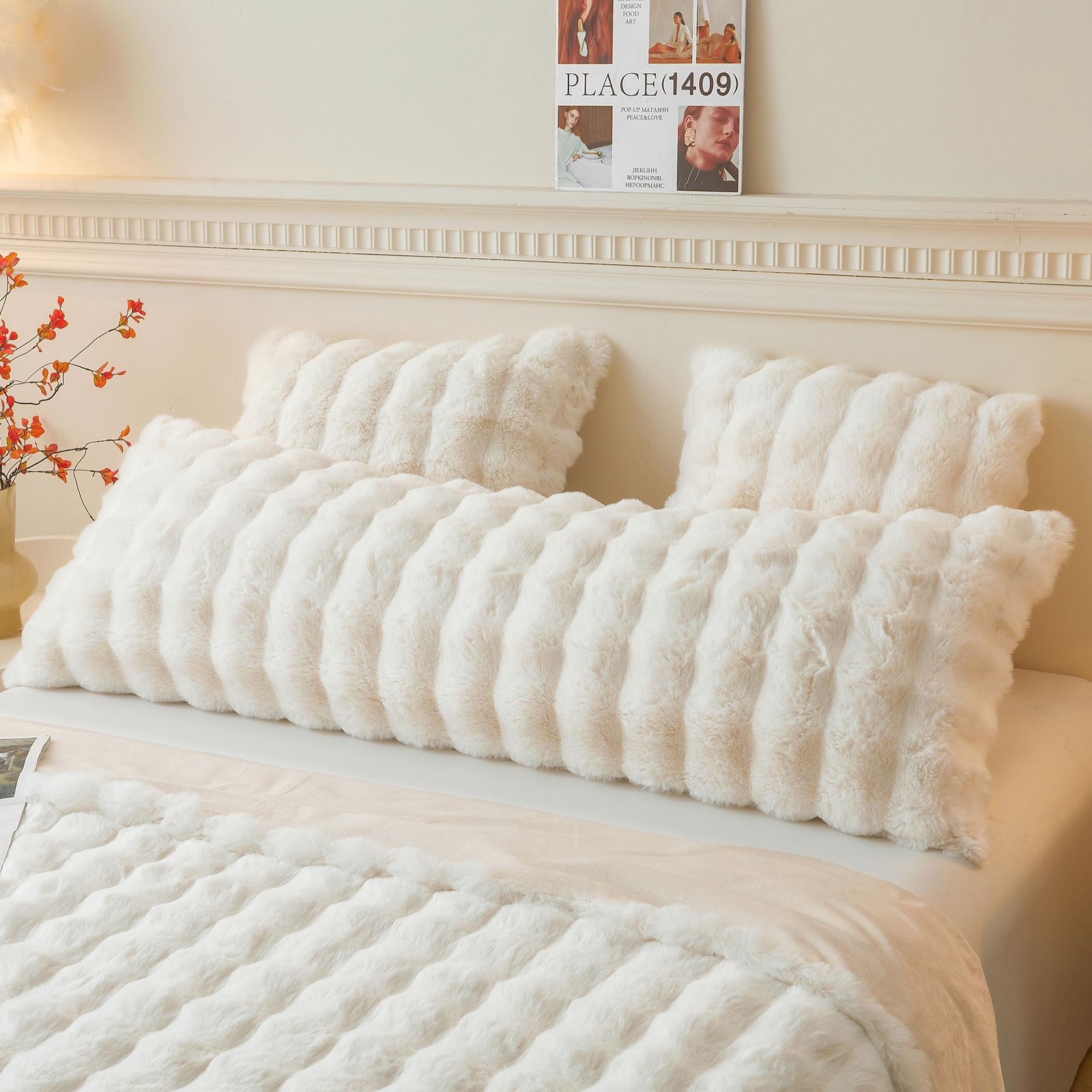 LIFEREVO Fluffy Faux Rabbit Fur Body Pillow 54" x 20" (Pack of 1), Beige
