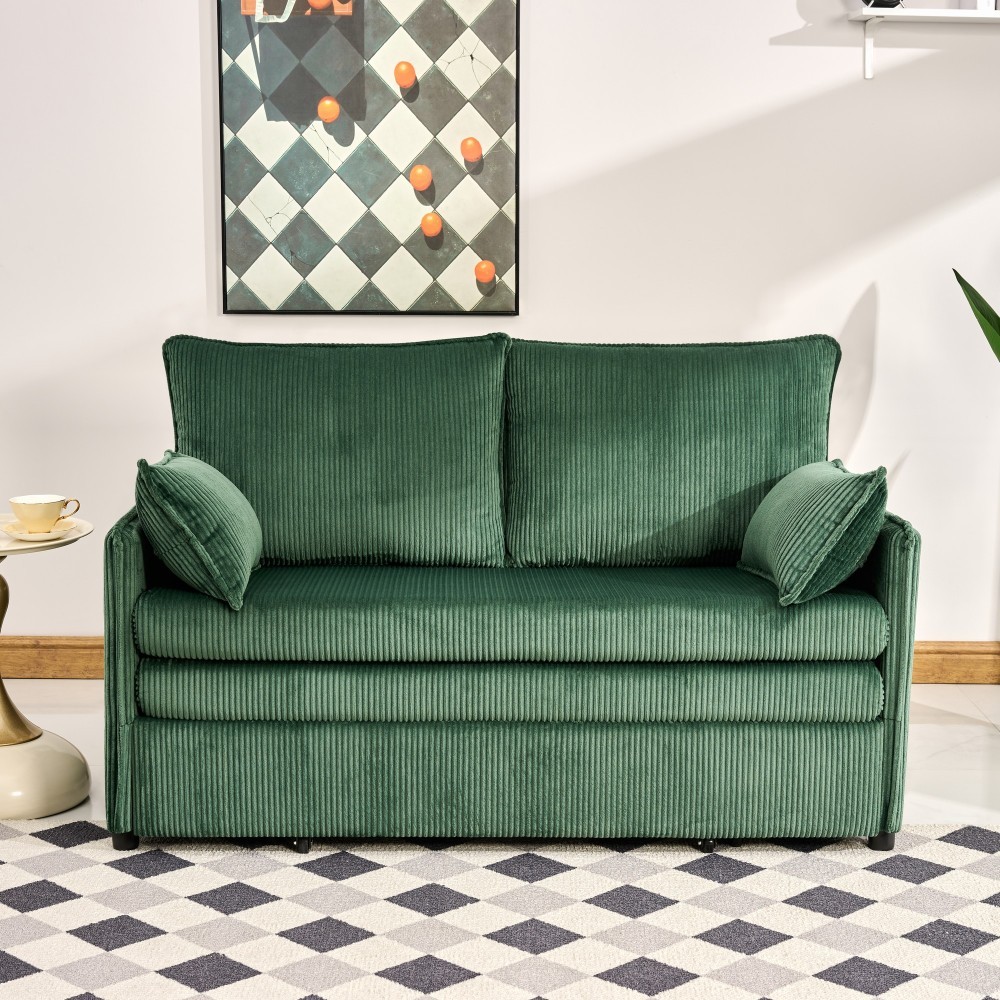55" Convertible Sofa Bed w/ USB Ports, Corduroy Upholstery, Green