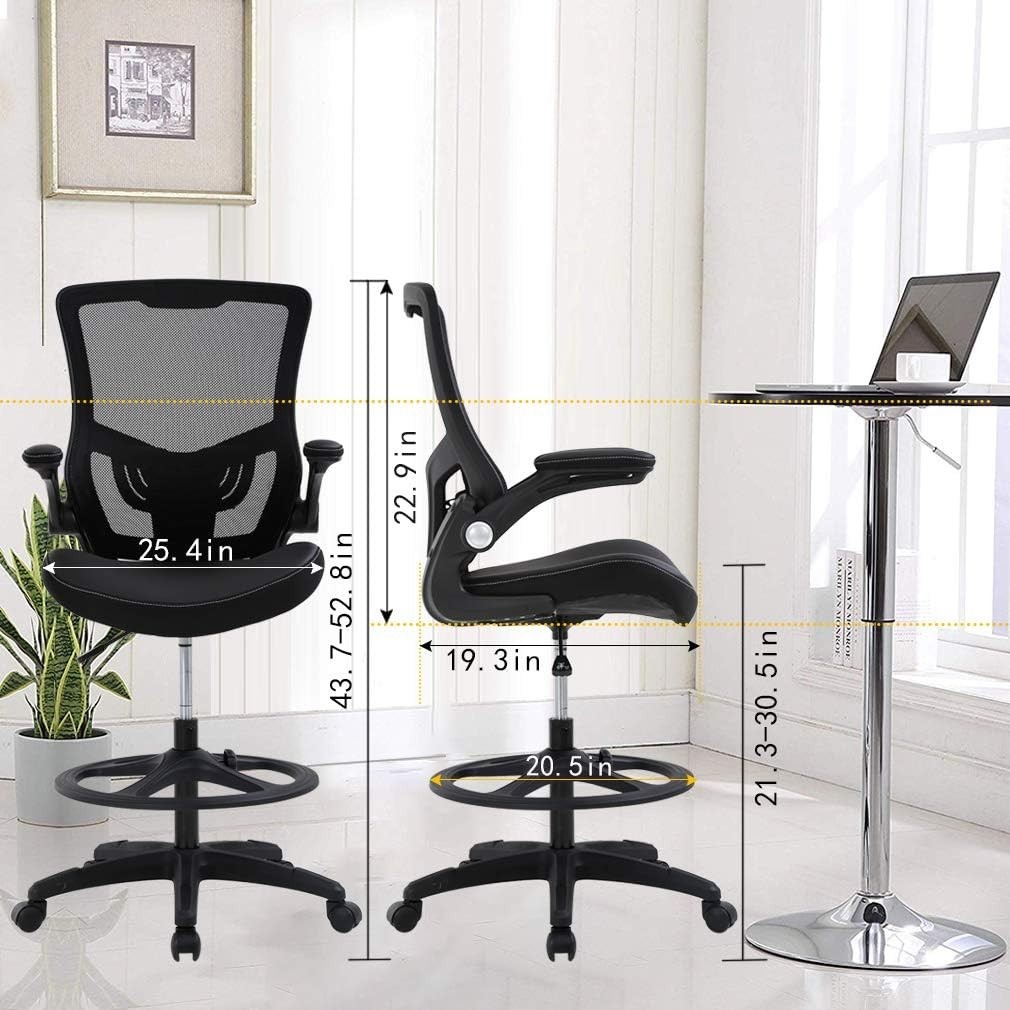 Tall Drafting Office Chair with Back Support & Foot Rest - Mesh and Faux Leather