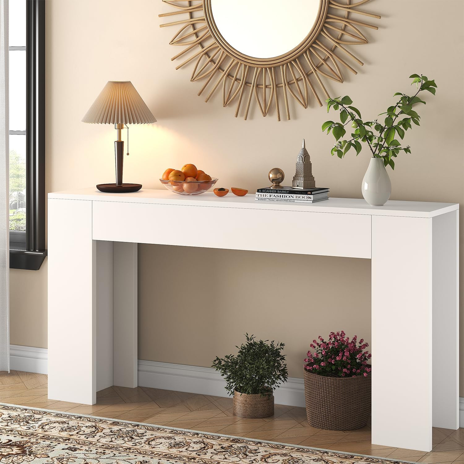 63-Inch Long Console Table with LED Light, Farmhouse Sofa Table behind Couch, Wo