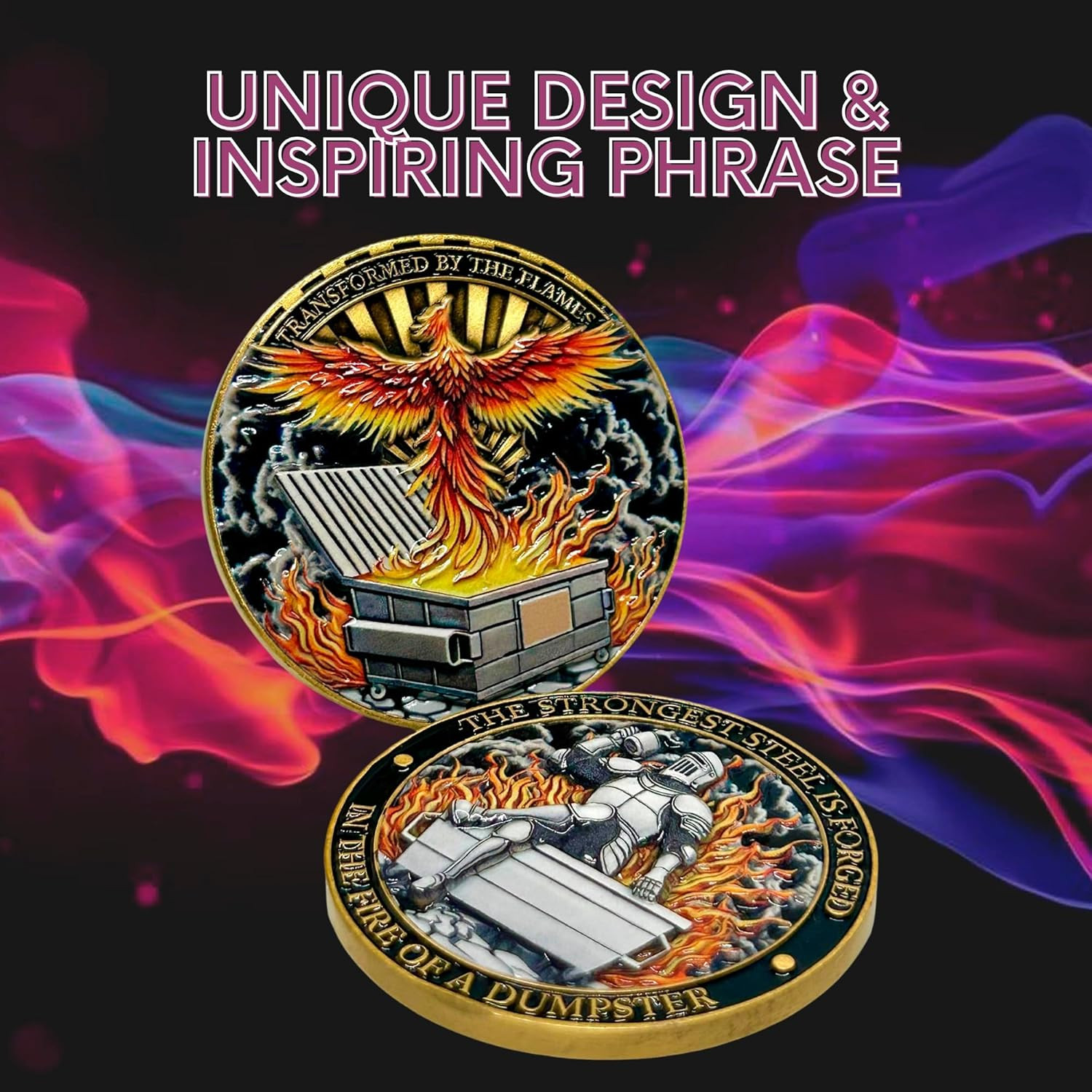 Dumpster Fire Challenge Coin - Phoenix & Knight Design - Transformed by the Flam