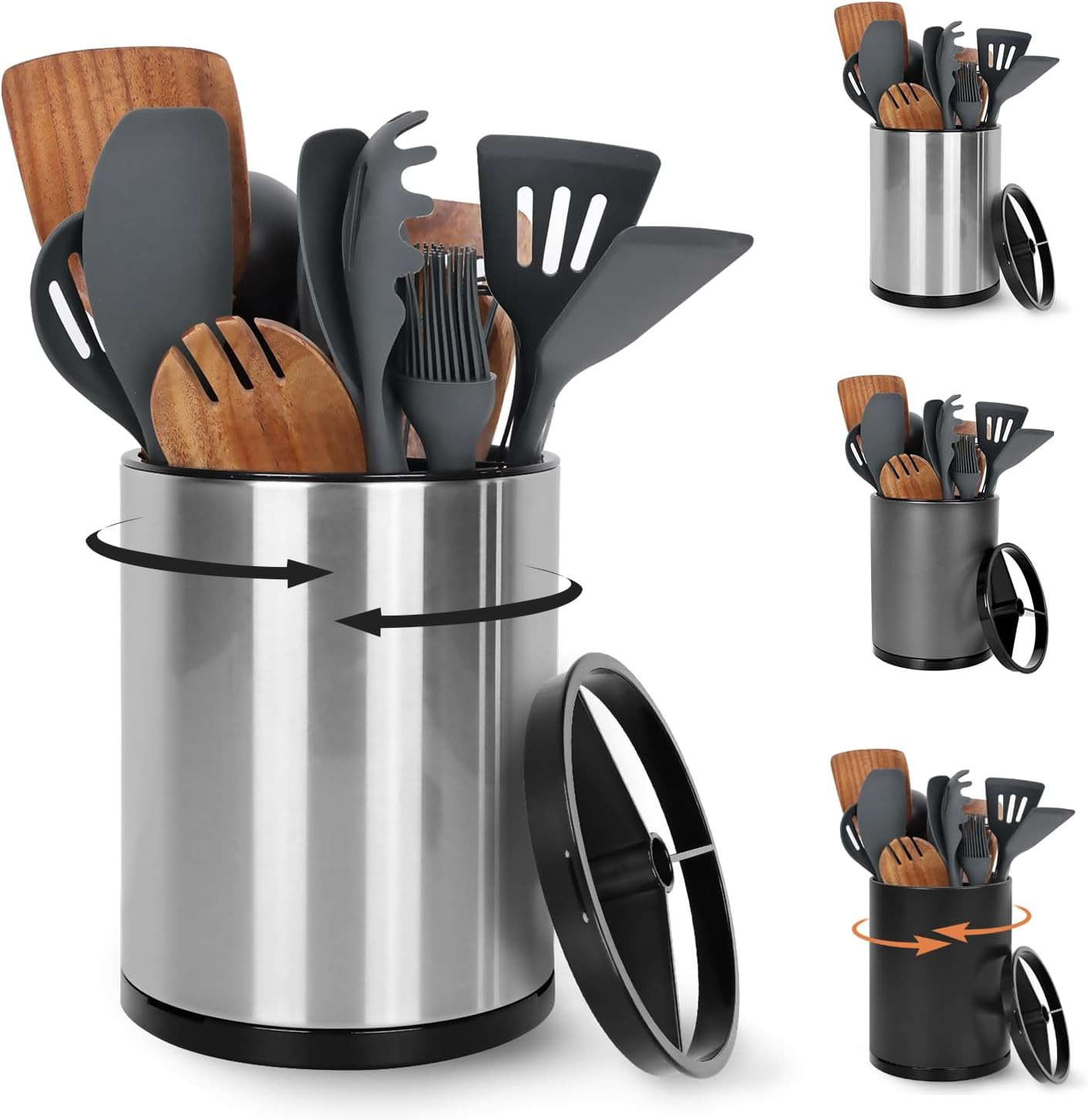 Nigelia Extra Large Kitchen Utensil Holder, 360° Rotating Stainless Steel Cookin