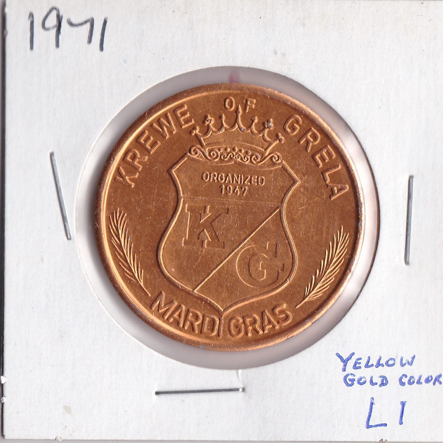 1971 KREWE OF GRELA  MARDI GRAS  Aluminum DOUBLOON (Y.G. Color L1)