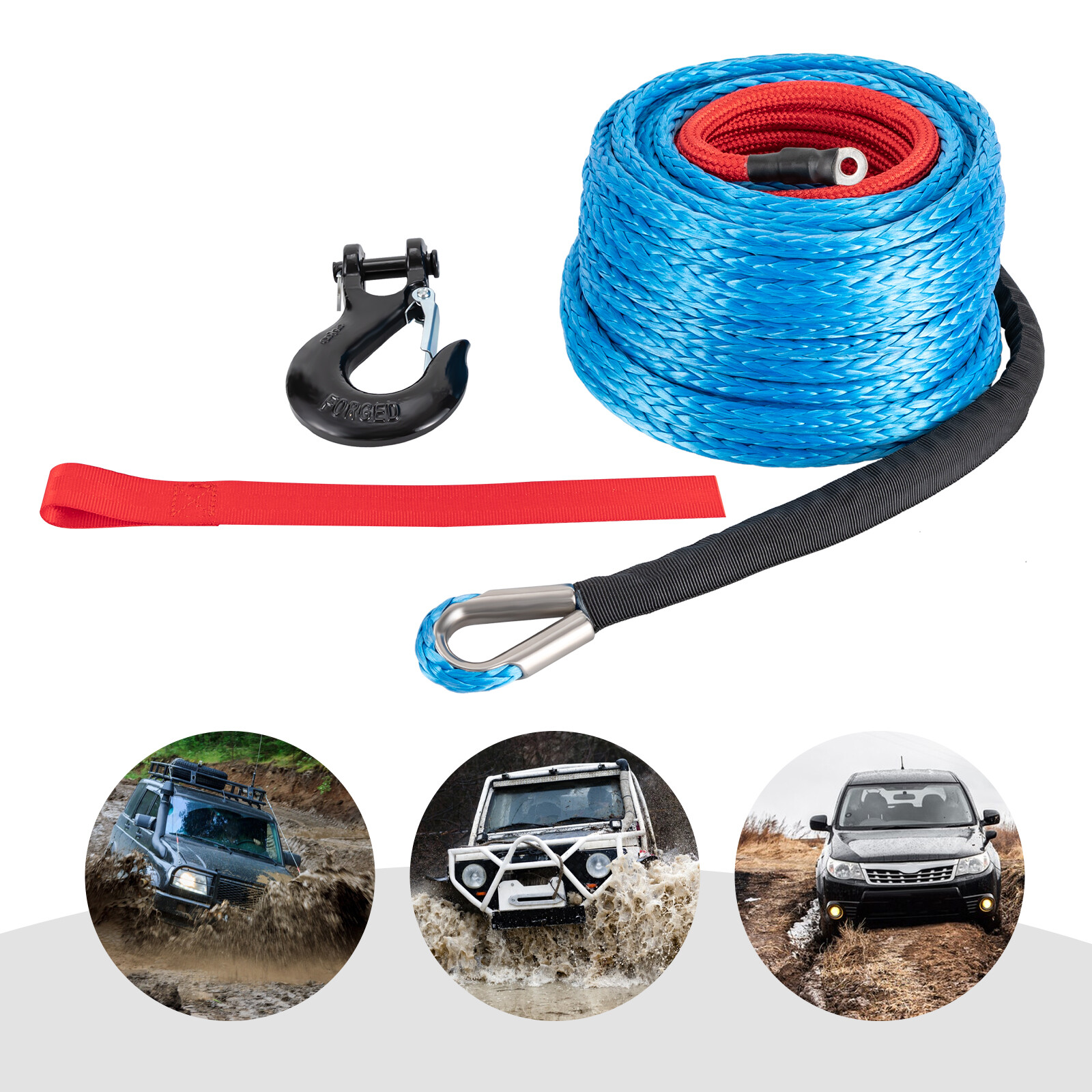 3/8x100' Synthetic Winch Rope w/ Hook Winch Cable w/Protective Sleeve New