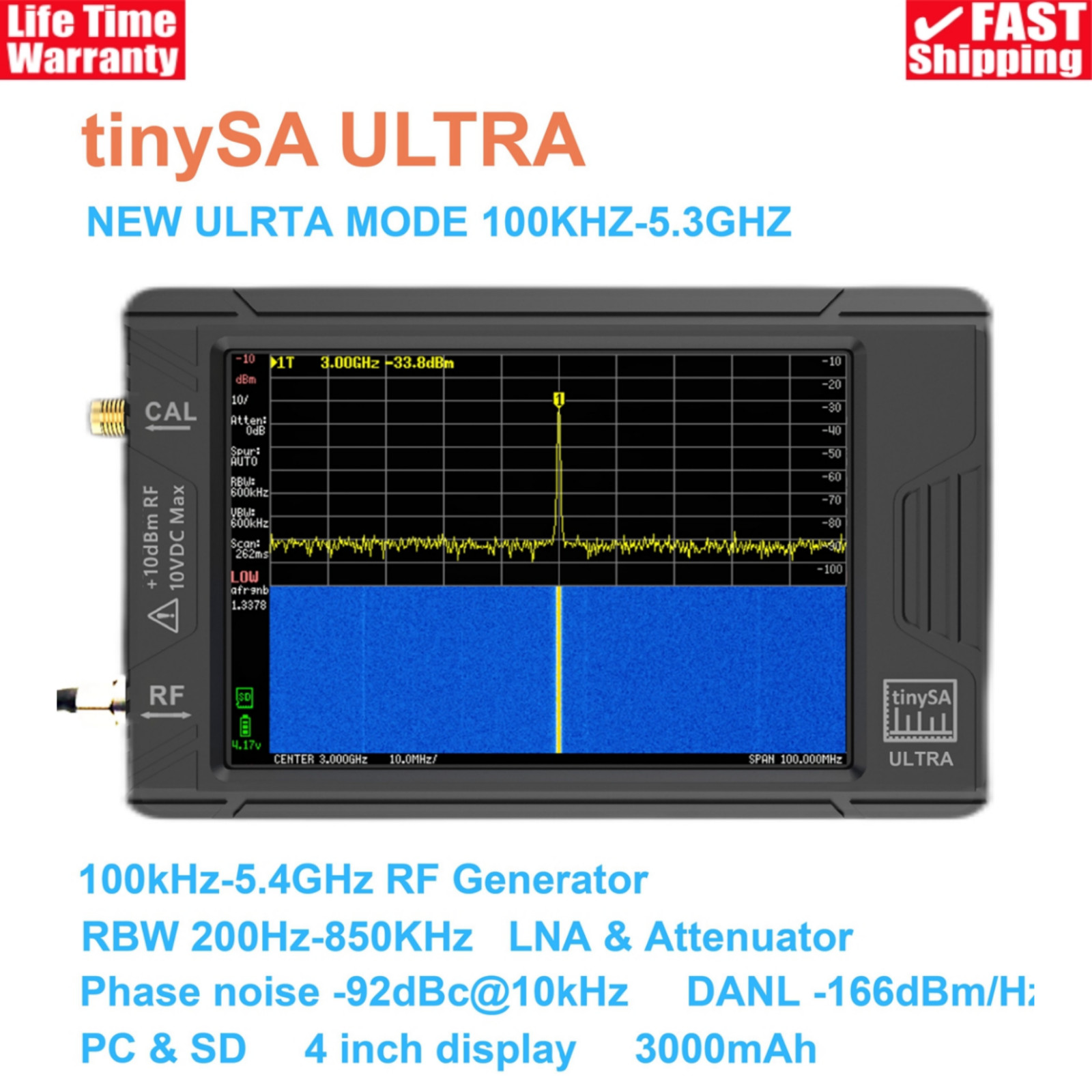 tinySA ULTRA 100k-5.3GHz Hand held tiny Spectrum Analyzer 4" TFT LCD w/ Battery