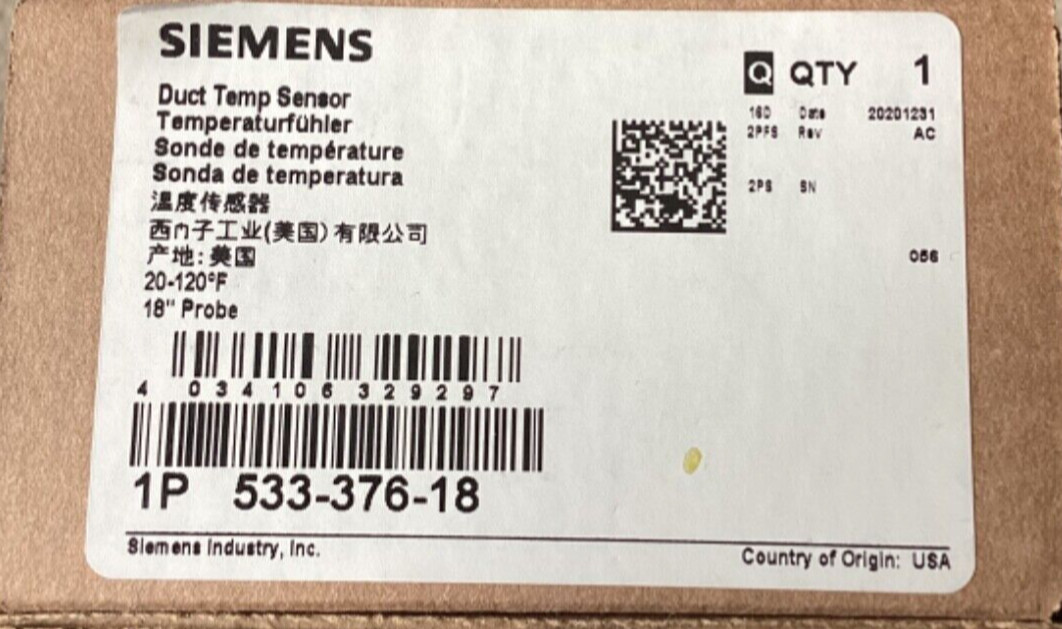 SIEMENS DUCT POINT TEMPERATURE SENSOR 533-376-18