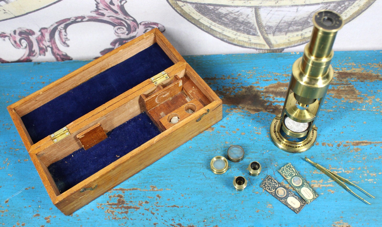 1900s Vintage J.H. Steward Brass Barrel/Student Microscope w/ Slides and Lenses