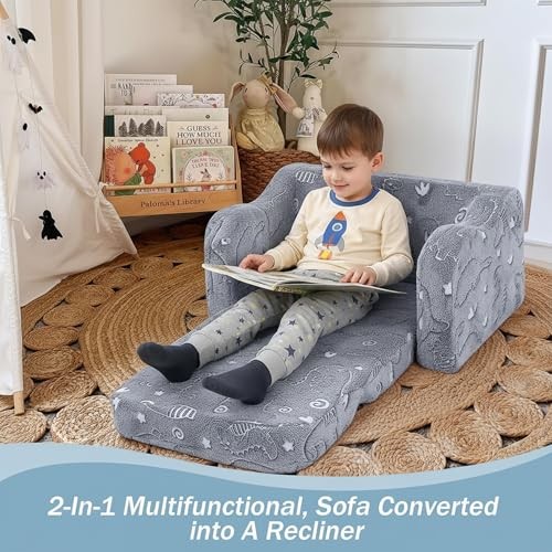 Kids Dinosaur Couch – Foldable Toddler Chair, Glow-in Polyester Gray Dinosaur