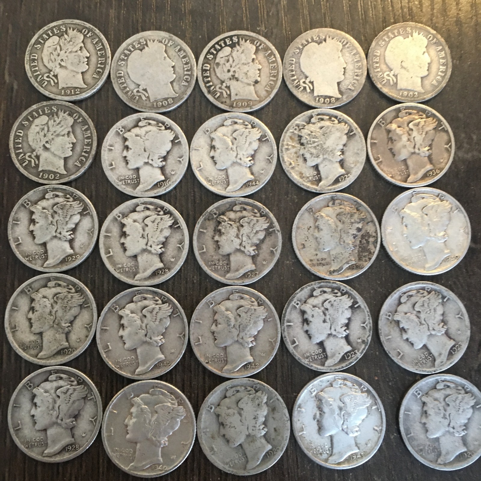Lot of 25 Barber & Mercury Silver dimes (6 barber/19 Mercury) BETTER Dates F263