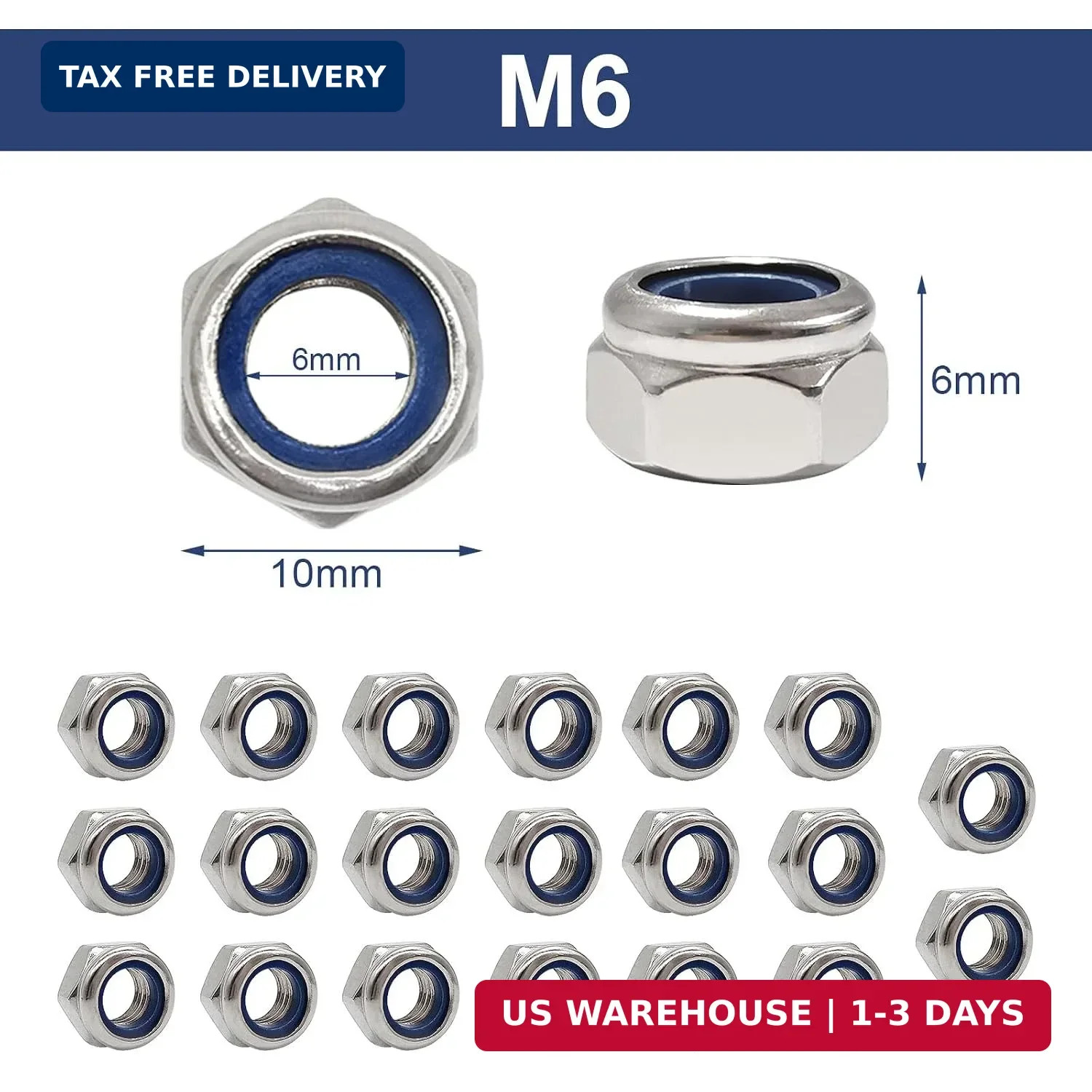 20pcs M6 Nyloc Steel Nuts, Nylon Locknuts for Fastener, Nylon Inserted Hex Lock