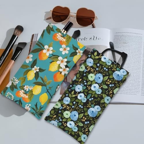 Eyeglass Cases Pack,Boho Floral Pattern Sunglasses Case,PU Leather Soft 4 Blue