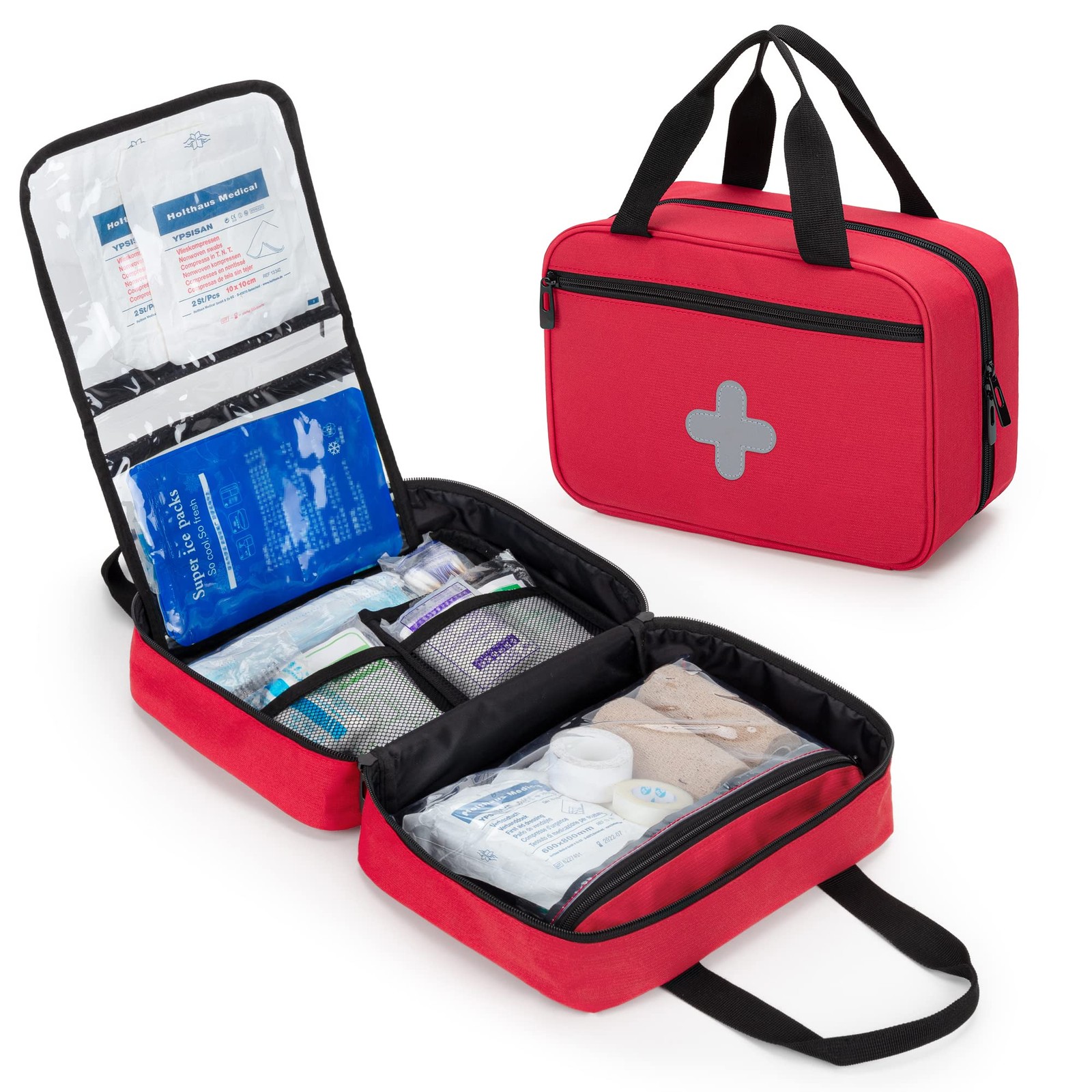 CURMIO Small First Aid Bag, Empty Emergency Trauma Kit Organizer Bag Red, Red