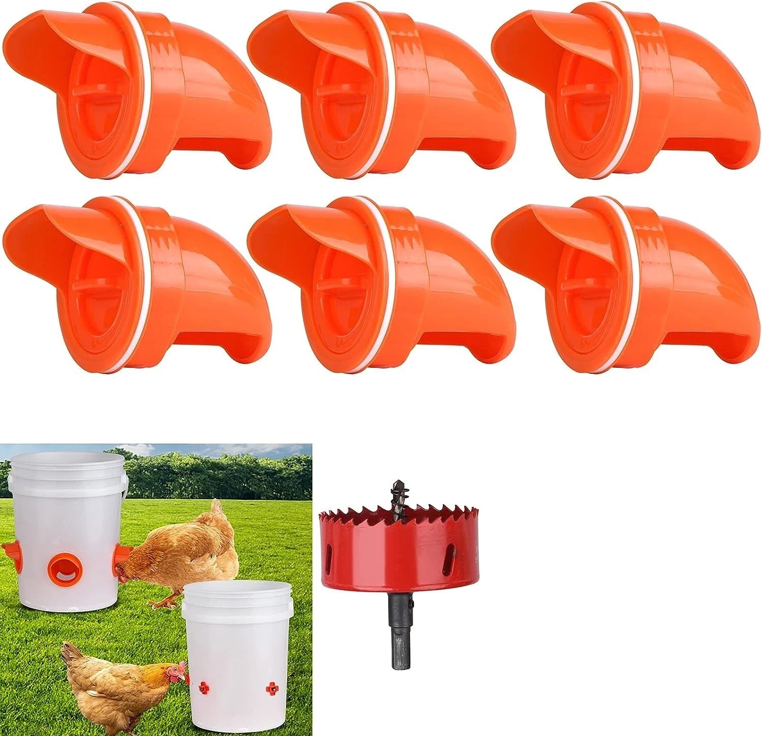 DIY Chicken Feeders No Waste, 6 Ports Poultry Feeder with Hole Saw for Buckets